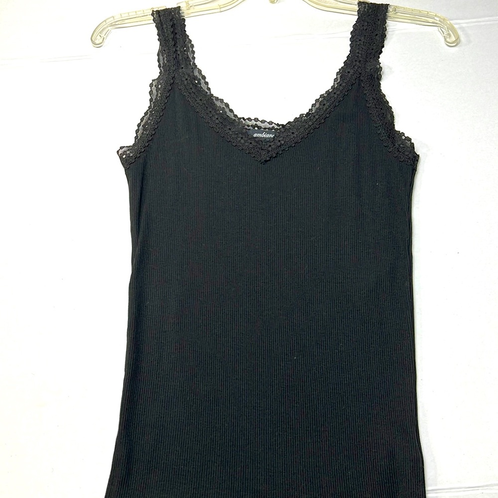 Ambiance Dark Olive Green Lace trimmed Sleeveless V Neckline Top Size S